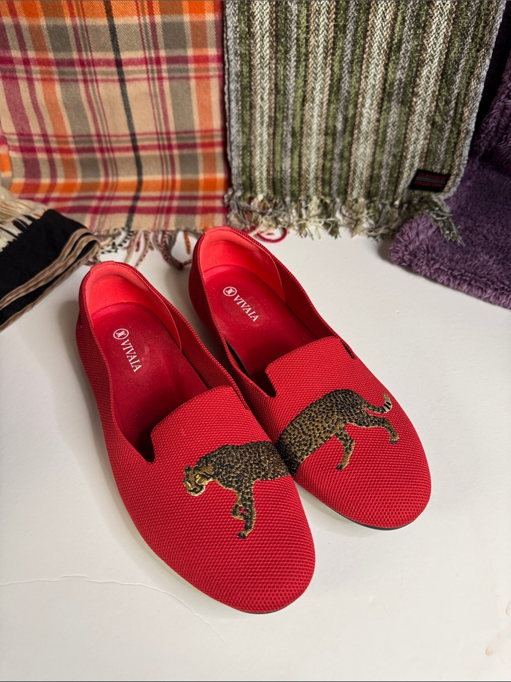 Vivaia Italian Red Leopard Embroidered Slip-On Flats